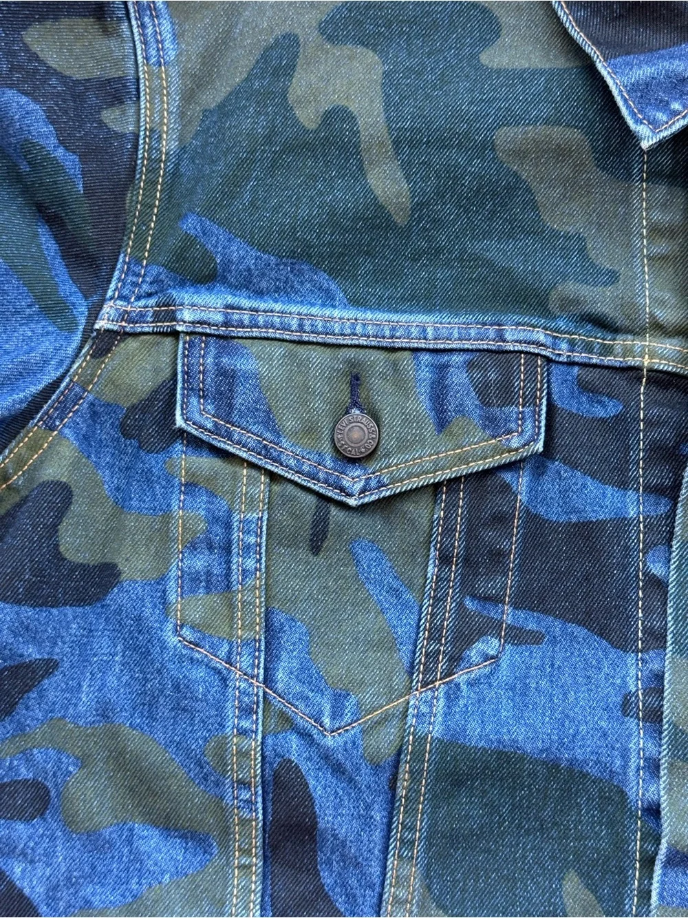 Levis Premium Camo Trucker Denim Jean Jacket Mens XL Blue Green Big E